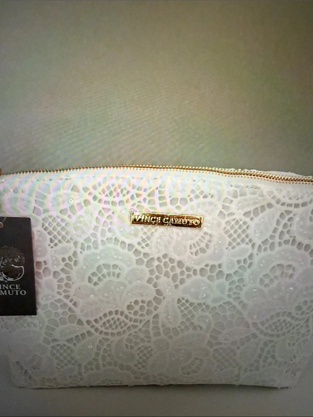 Vince Camuto White Lace Cosmetic Pouch with Gold Hardware. 🆕